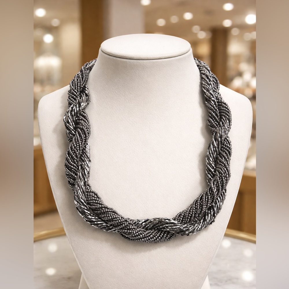 Vintage French Designer Necklace - Braid of Silver tone beads